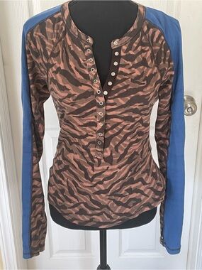 Free people movement Henley Top in Brown Zebra Print with Blue Sleeves